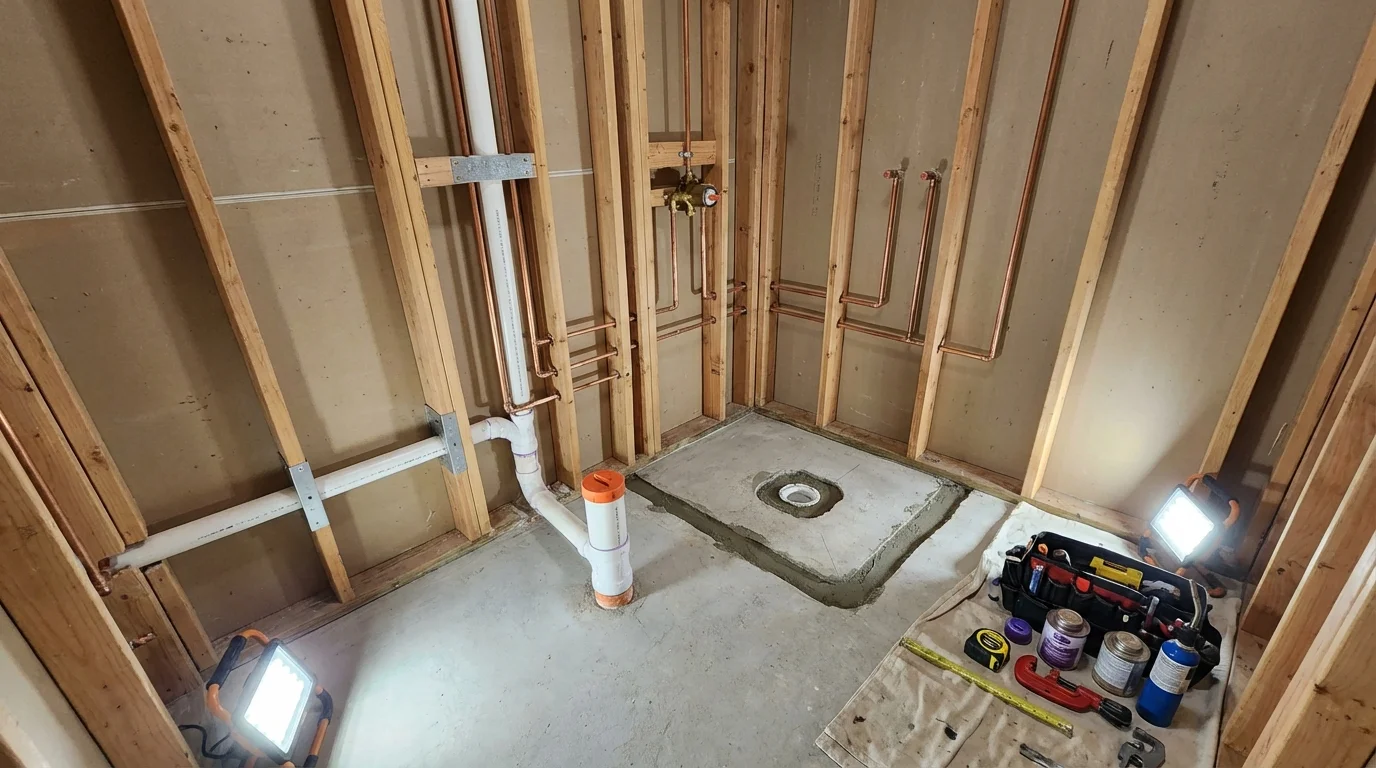 Bathroom rough-in plumbing during remodel by Johns Plumbing LLC in Devils Lake
