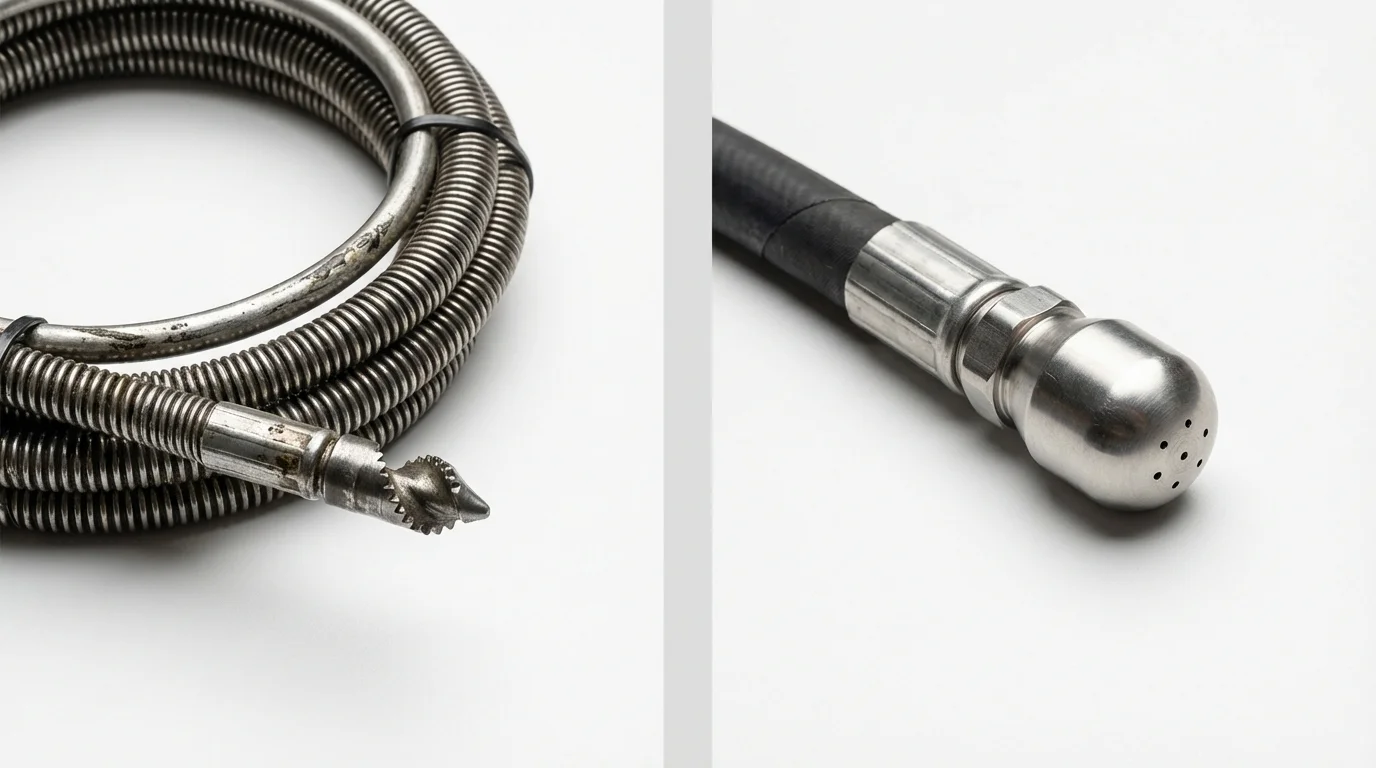 Drain snake cable and hydro jetting nozzle used for drain cleaning in Devils Lake, ND