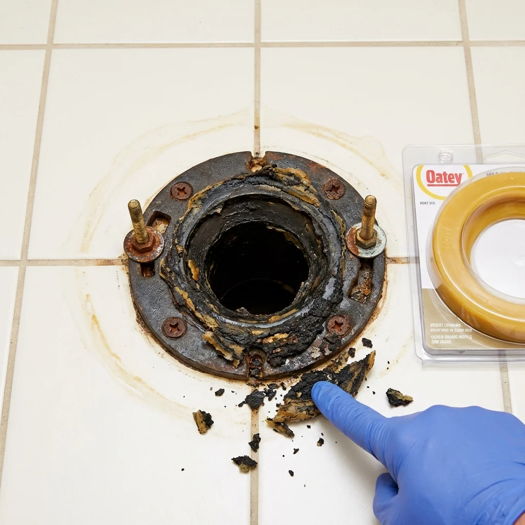 Failed wax ring showing water seepage at the base of a toilet in a Devils Lake, ND home
