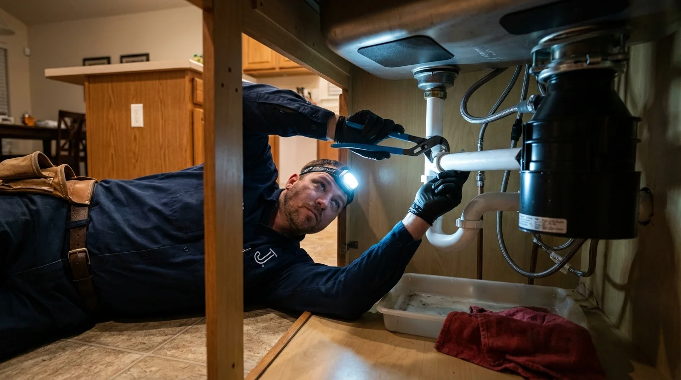 P-trap and supply line connections under a kitchen sink showing a common leak point in Devils Lake, ND